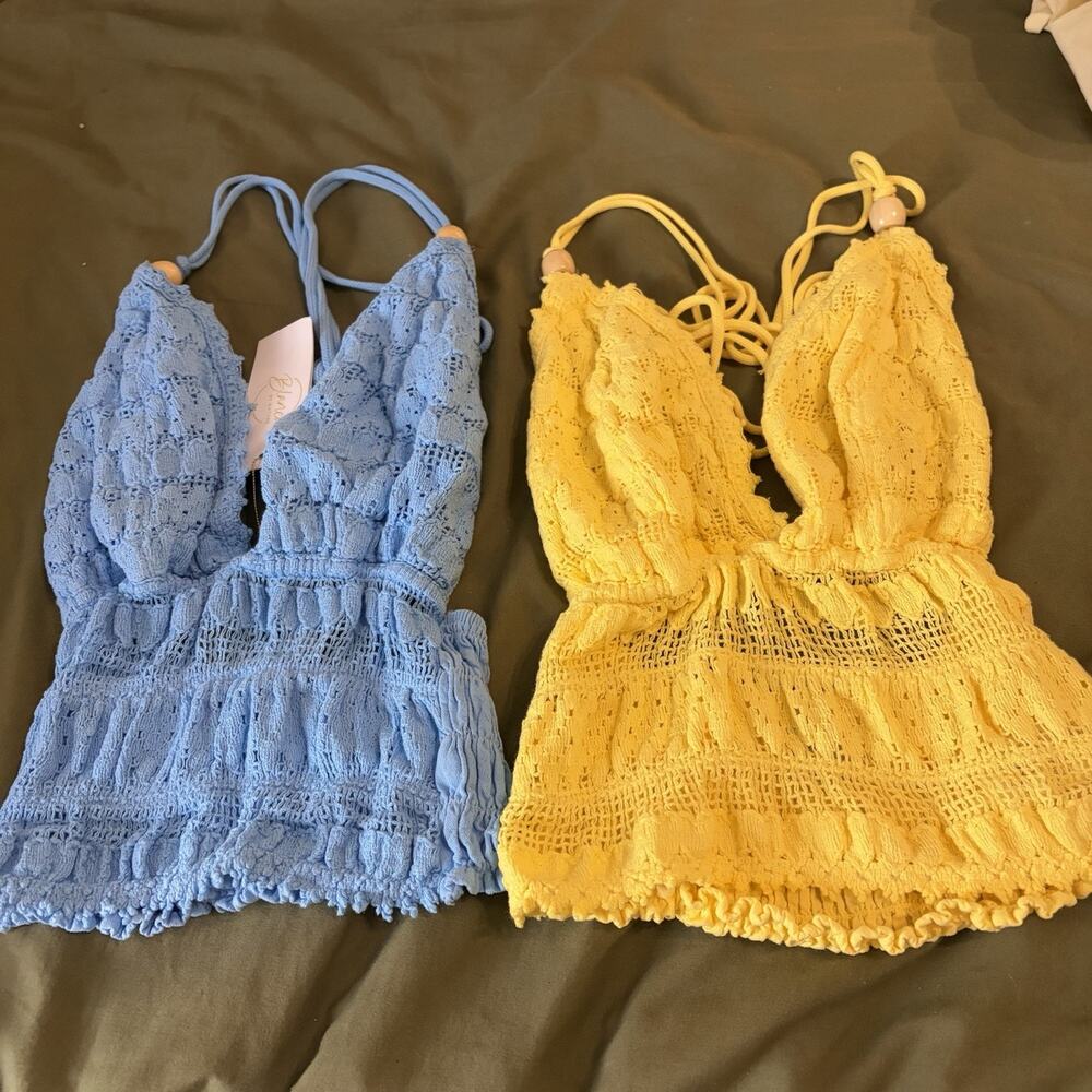 Blanco Blue & Yellow Halter Top Bundle Small Lace Festival Hippie Boho Fair